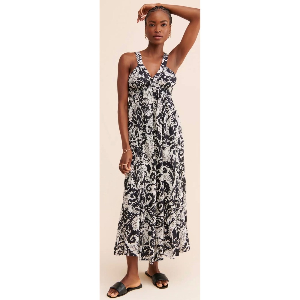 Anthropologie Drama V Neck Maxi Dress Sz M Black White Open Back